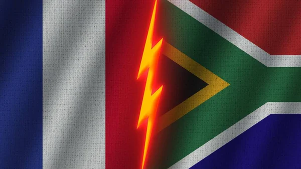 South Africa France Flags Together Wavy Fabric Texture Effect Neon — Stockfoto