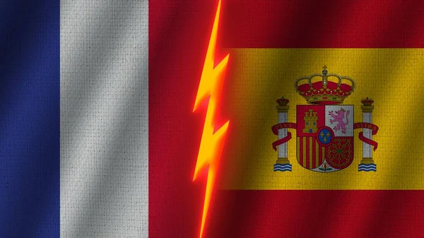 Flagi Hiszpanii Francji Razem Efekt Tekstury Tkaniny Falistej Neon Glow — Zdjęcie stockowe
