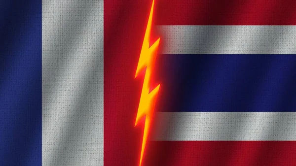 Thailand France Flags Together Wavy Fabric Texture Effect Neon Glow — Stockfoto