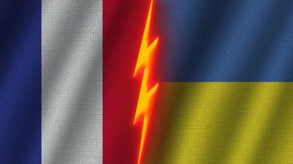 Drapeaux Ukraine France Ensemble Effet Texture Tissu Ondulé Effet Lumineux — Photo