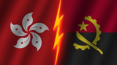 Angola ve Hong Kong Bayrakları Birlikte, Dalgalı Kumaş Doku Efekti, Neon Parıltısı Efekti, Parlayan Şimşek Simgesi, Kriz Konsepti, 3D İllüstrasyon