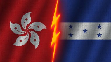 Honduras ve Hong Kong Bayrakları Birlikte, Dalgalı Kumaş Doku Efekti, Neon Parıltısı Efekti, Parlayan Şimşek Simgesi, Kriz Konsepti, 3D İllüstrasyon