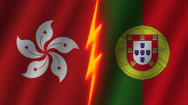 Portugal and Hong Kong Flags Together, Wavy Fabric Texture Effect, Neon Glow Effect, Shining Thunder Icon, Crisis Concept, 3D Illustration