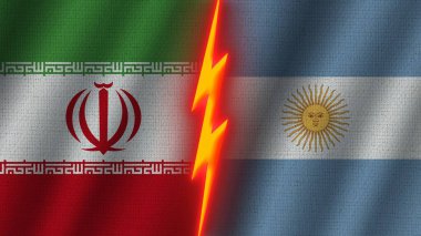 Arjantin ve İran Bayrakları Birlikte, Dalgalı Kumaş Doku Efekti, Neon Parıltısı Efekti, Parlayan Şimşek Simgesi, Kriz Konsepti, 3D İllüstrasyon