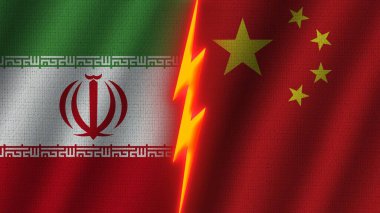 Çin ve İran Bayrakları Birlikte, Dalgalı Kumaş Doku Efekti, Neon Parıltısı Efekti, Parlayan Şimşek Simgesi, Kriz Konsepti, 3D İllüstrasyon