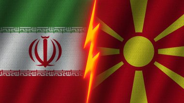 Makedonya ve İran Bayrakları Birlikte, Dalgalı Kumaş Doku Efekti, Neon Parıltısı Efekti, Parlayan Şimşek Simgesi, Kriz Konsepti, 3D İllüstrasyon