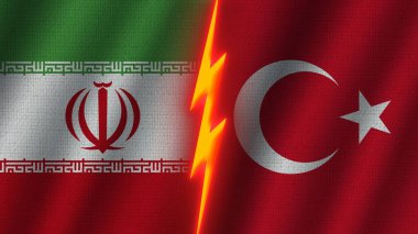 Türkiye ve İran Bayrakları Birlikte, Dalgalı Kumaş Doku Efekti, Neon Parıltısı Efekti, Parlayan Gök Gürültüsü Simgesi, Kriz Konsepti, 3D İllüstrasyon