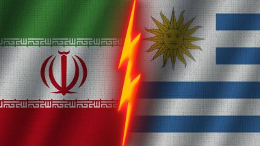 Uruguay ve İran Bayrakları Birlikte, Dalgalı Kumaş Doku Efekti, Neon Parıltısı Efekti, Parlayan Şimşek Simgesi, Kriz Konsepti, 3D İllüstrasyon