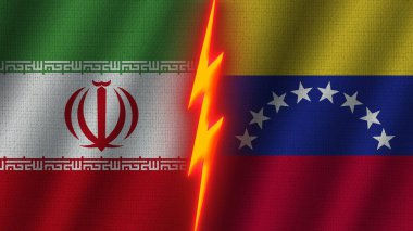 Venezuela ve İran Bayrakları Birlikte, Dalgalı Kumaş Doku Efekti, Neon Parıltısı Efekti, Parlayan Şimşek Simgesi, Kriz Konsepti, 3D İllüstrasyon