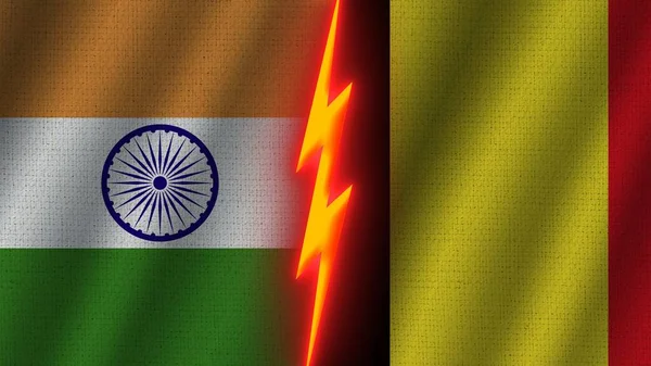 Belgien Und Indien Flaggen Zusammen Wellengewebe Textur Effekt Neon Glow — Stockfoto