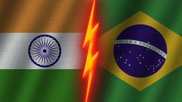 Brazil and India Flags Together, Wavy Fabric Texture Effect, Neon Glow Effect, Shining Thunder Icon, Crisis Concept, 3D Illustration