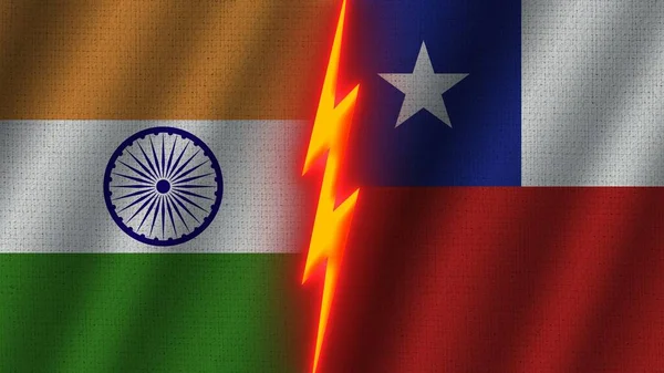 チリとインドの国旗一緒に 波織物テクスチャ効果 ネオングロー効果 輝く雷アイコン 危機の概念 3Dイラスト — ストック写真
