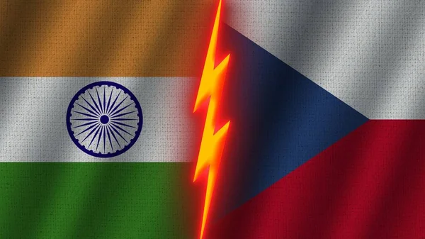 Czech Republic インド国旗一緒に 波織物のテクスチャ効果 ネオングロー効果 輝く雷アイコン 危機の概念 3Dイラスト — ストック写真