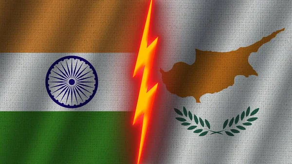 キプロスとインドの国旗一緒に 波織物テクスチャ効果 ネオングロー効果 輝く雷アイコン 危機の概念 3Dイラスト — ストック写真