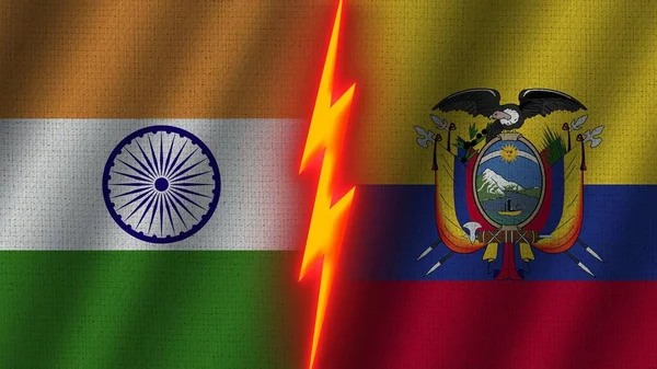 Ecuador India Flags Together Wavy Fabric Texture Effect Neon Glow — Stock Photo, Image