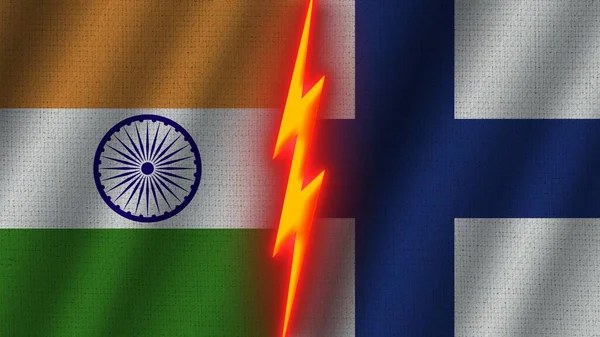 フィンランドとインドの国旗一緒に 波織物テクスチャ効果 ネオングロー効果 輝く雷アイコン 危機の概念 3Dイラスト — ストック写真