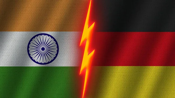 采购产品德国和印度旗帜在一起 波威织物纹理效果 霓虹灯效果 闪光雷声图标 危机概念 3D说明 — 图库照片