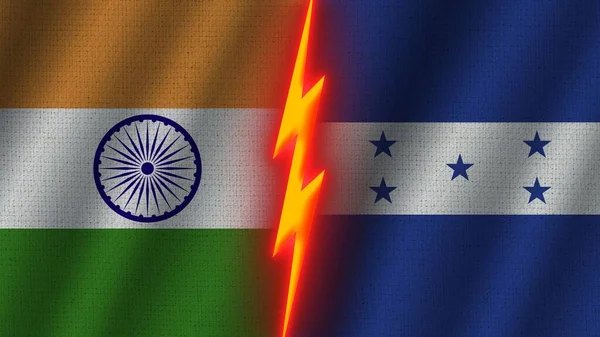 ホンジュラスとインドの国旗一緒に 波織物テクスチャ効果 ネオングロー効果 輝く雷アイコン 危機の概念 3Dイラスト — ストック写真