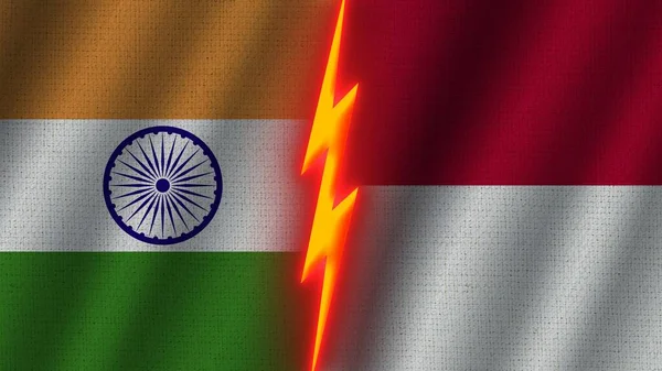 Indonézia India Zászlók Együtt Hullámos Szövet Textúra Hatás Neon Fényhatás — Stock Fotó