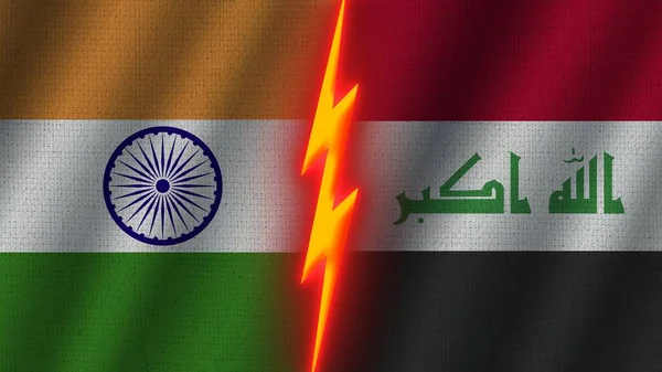Irak India Zászlók Együtt Hullámos Szövet Textúra Hatás Neon Fényhatás — Stock Fotó