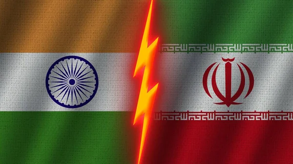 イランとインドの国旗一緒に 波織物テクスチャ効果 ネオングロー効果 輝く雷アイコン 危機の概念 3Dイラスト — ストック写真
