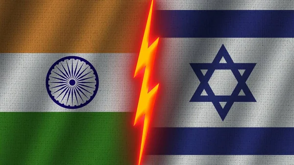 イスラエルとインドの旗が一緒に 波織物テクスチャ効果 ネオングロー効果 輝く雷アイコン 危機の概念 3Dイラスト — ストック写真