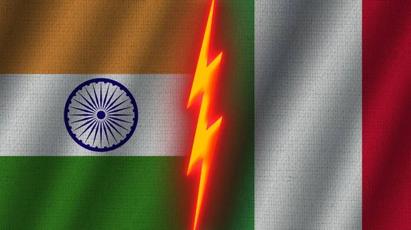 イタリアとインドの国旗一緒に 波織物テクスチャ効果 ネオングロー効果 輝く雷アイコン 危機の概念 3Dイラスト — ストック写真