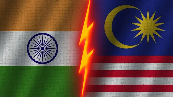 Malaysia India Flags Together Wavy Fabric Texture Effect Neon Glow — 스톡 사진