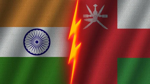 Omán India Zászlók Együtt Hullámos Szövet Textúra Hatás Neon Fényhatás — Stock Fotó
