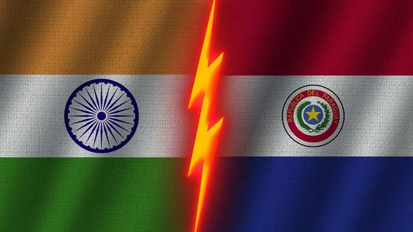 Paraguay India Flags Together Wavy Fabric Texture Effect Neon Glow — Stock fotografie