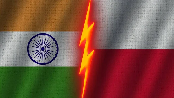 Lengyelország India Zászlók Együtt Wavy Fabric Texture Effect Neon Glow — Stock Fotó