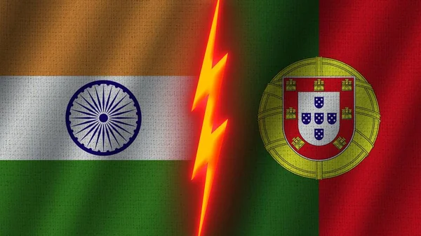 Portugal and India Flags Together, Wavy Fabric Texture Effect, Neon Glow Effect, Shining Thunder Icon, Crisis Concept, 3D Illustration