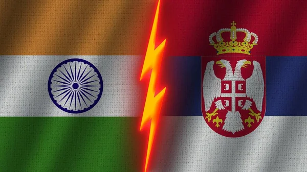 セルビアとインドの国旗一緒に 波織物テクスチャ効果 ネオングロー効果 輝く雷アイコン 危機の概念 3Dイラスト — ストック写真