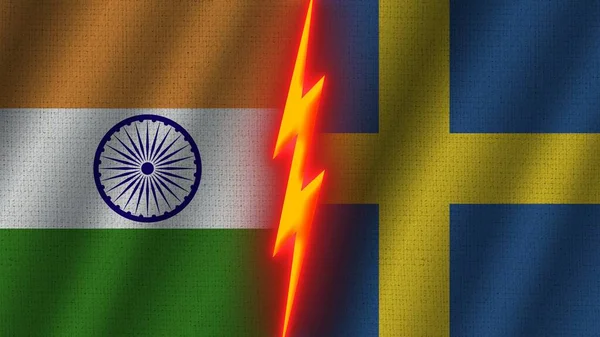 スウェーデンとインドの国旗一緒に 波織物テクスチャ効果 ネオングロー効果 輝く雷アイコン 危機の概念 3Dイラスト — ストック写真