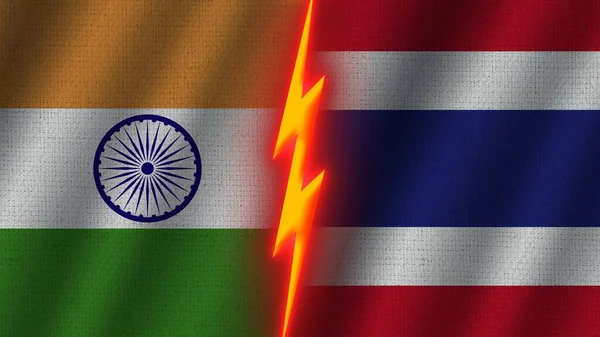 泰国和印度国旗连在一起 波纹面料效果 霓虹灯效果 闪光雷声图标 危机概念 3D插图 — 图库照片