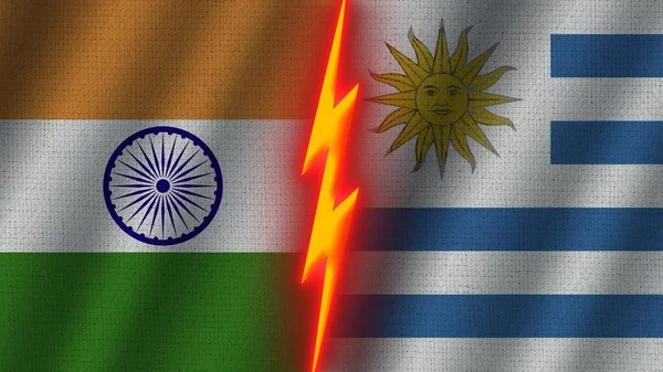 Uruguay India Vlaggen Samen Golvend Stof Textuur Effect Neon Gloed — Stockfoto
