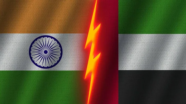 アラブ首長国連邦とインドの国旗一緒に 波織物テクスチャ効果 ネオングロー効果 輝く雷アイコン 危機の概念 3Dイラスト — ストック写真