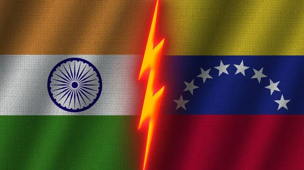 Venezuela India Bandiere Insieme Tessuto Ondulato Effetto Texture Effetto Neon — Foto Stock