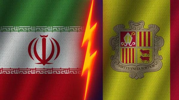 Andorra Iran Flags Together Wavy Fabric Texture Effect Neon Glow — Stock Photo, Image