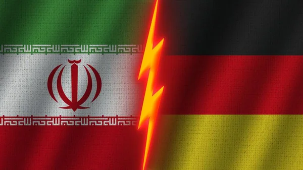 Deutschland Und Iran Flaggen Zusammen Wellengewebe Textur Effekt Neon Glow — Stockfoto