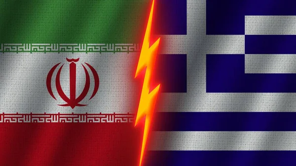 Greece Iran Flags Together Wavy Fabric Texture Effect Neon Glow — Φωτογραφία Αρχείου