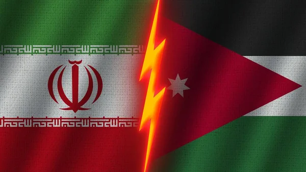Jordanien Und Iran Flaggen Zusammen Wellengewebe Textur Effekt Neon Glow — Stockfoto