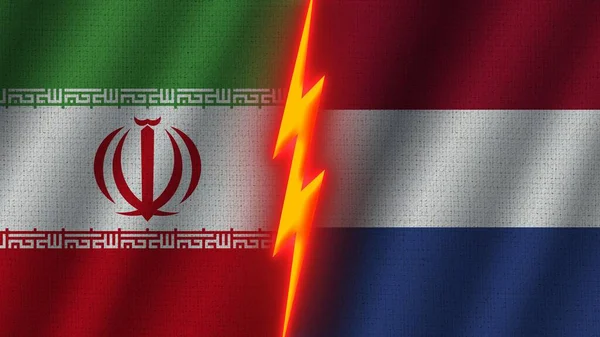 Niederlande Und Iran Flaggen Zusammen Wellengewebe Textur Effekt Neon Glow — Stockfoto