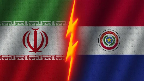 Paraguay Und Iran Flaggen Zusammen Wellen Textur Effekt Neon Glühen — Stockfoto