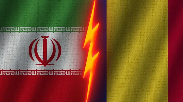 Rumänien Und Iran Flaggen Zusammen Wellengewebe Textur Effekt Neon Glow — Stockfoto