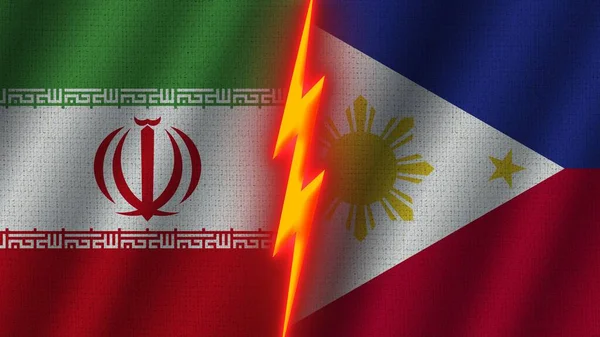 フィリピンとイランの旗が一緒に 波織物テクスチャ効果 ネオングロー効果 輝く雷アイコン 危機の概念 3Dイラスト — ストック写真