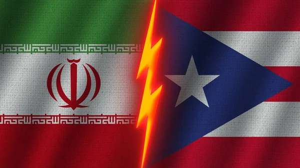Puerto Rico Iran Flags Together Wavy Fabric Texture Effect Neon — Φωτογραφία Αρχείου