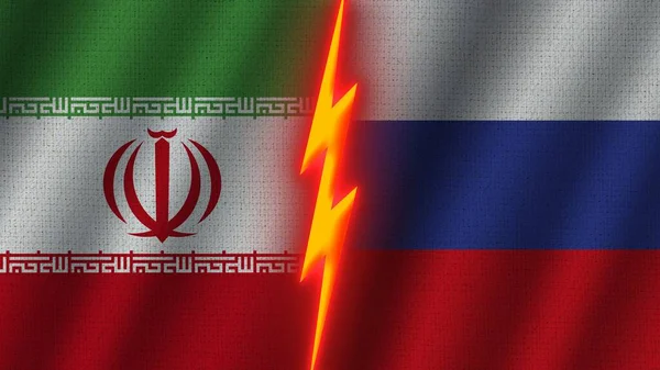 Russland Und Iran Flaggen Zusammen Wellengewebe Textur Effekt Neon Glow — Stockfoto