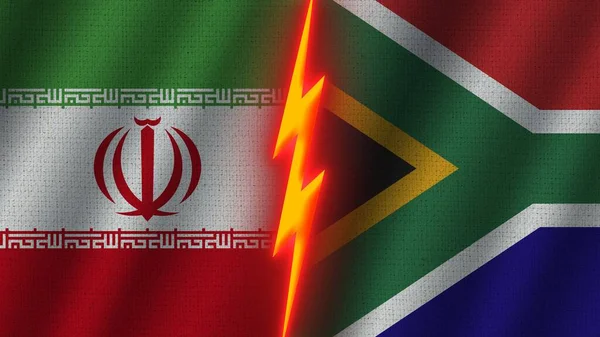 Dél Afrika Irán Zászlók Együtt Hullámos Szövet Textúra Hatás Neon — Stock Fotó