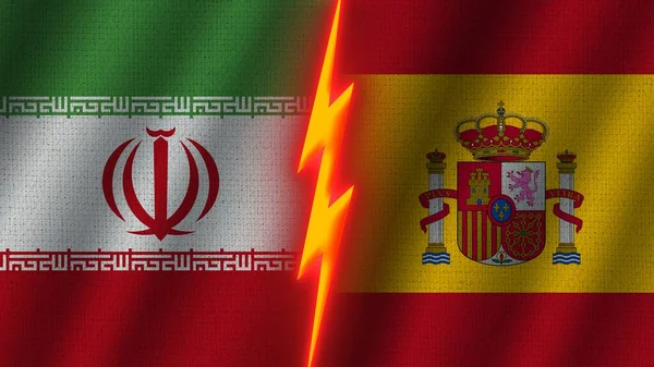 Espanha Irã Bandeiras Juntas Efeito Textura Tecido Ondulado Efeito Brilho — Fotografia de Stock